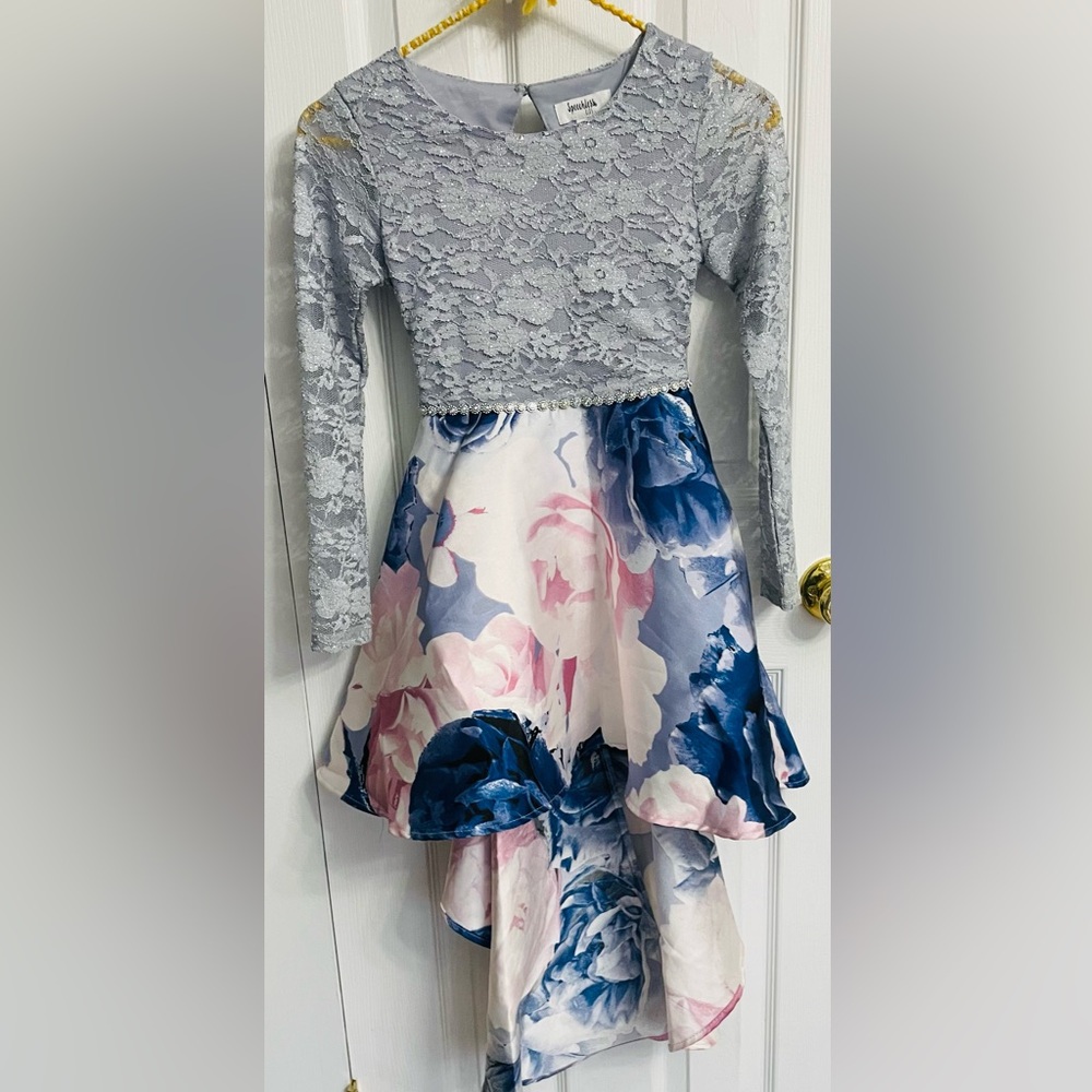 Speechless Blue and Pink Floral High Low Dress With Lace Bodice